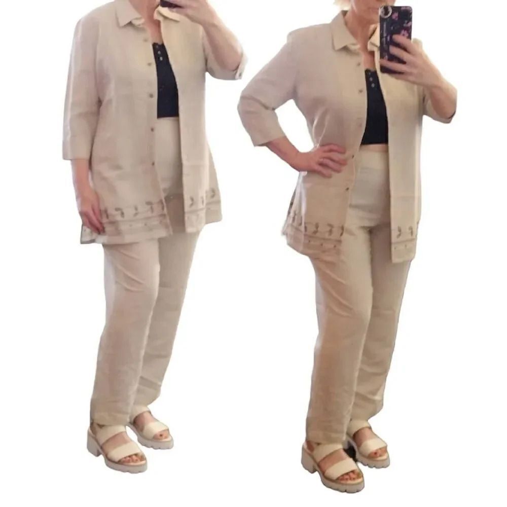 VTG Khaki 2 Piece Linen Embroidered Button Up Top and Pants‎ Set Size 12
